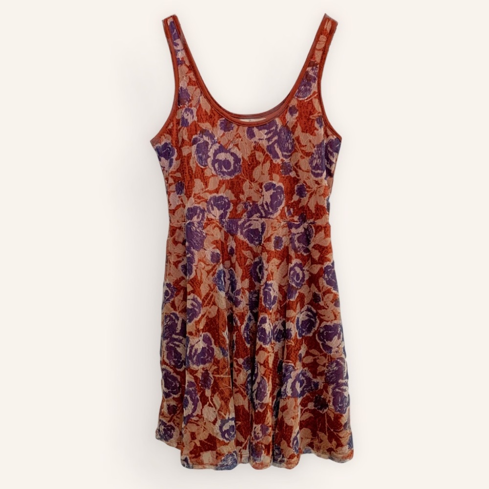 AMERICAN RAG | Orange and Blue Retro Lace Floral Skater Mini Dress | Size XL